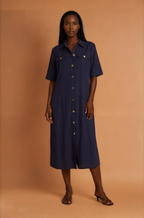 GGG5134 Long Button Down Navy Blue Dress