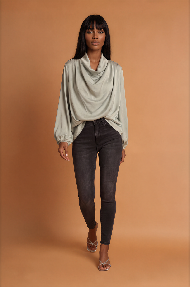 H2048 Mint Satin Cowl Neck Blouse