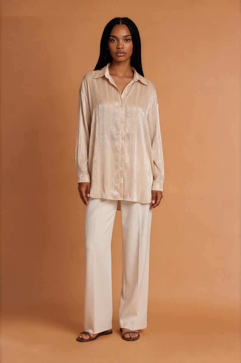 H2049 Beige Satin Free Flowy Blouse