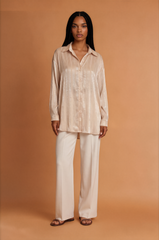 H2049 Beige Satin Free Flowy Blouse