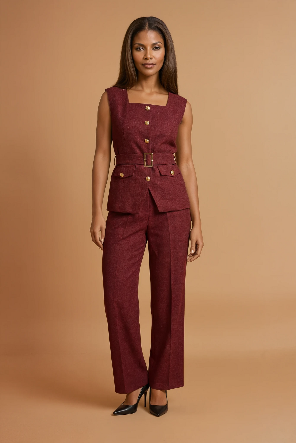 GG3409 Burgundy Belted Sleeveless Jacket