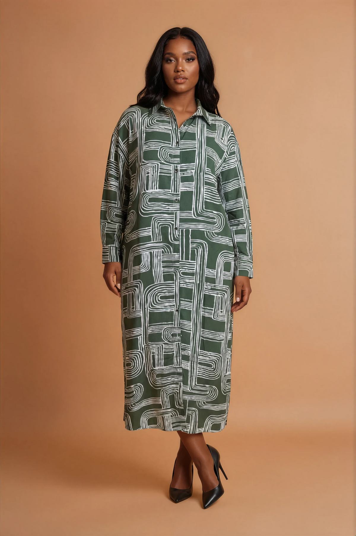 GGG4115 Green Khaki Swirl Maxi Shirt Dress