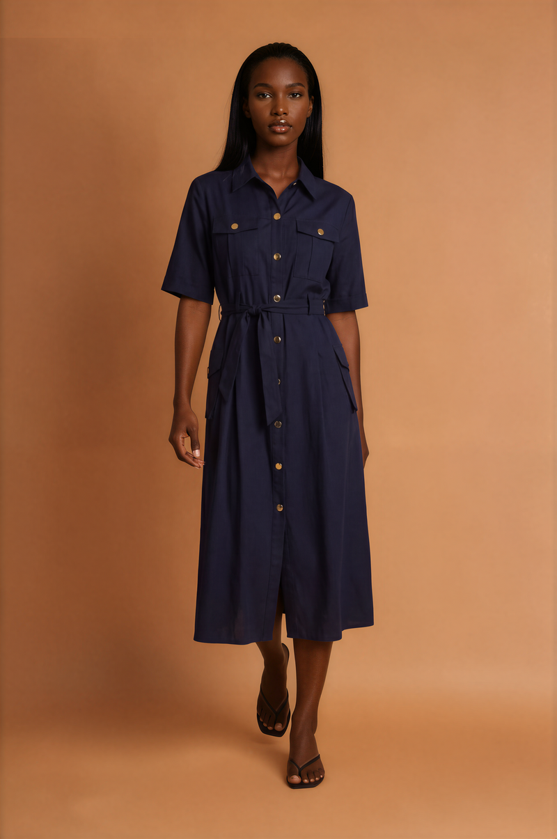 GGG5134 Long Button Down Navy Blue Dress