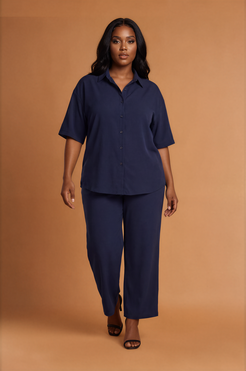 H2053 Navy Blue Satin Blouse