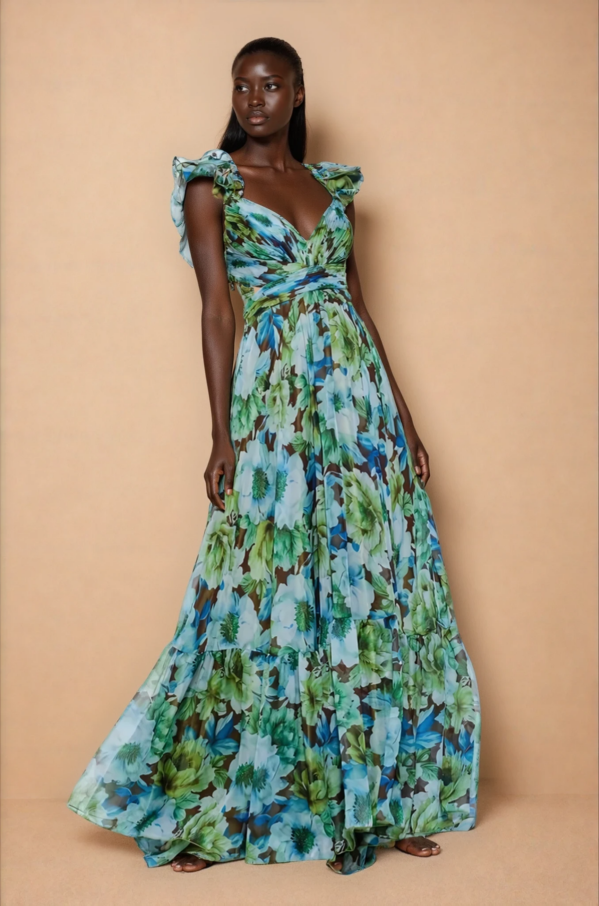 GG5103 Green Lace-up Back Floral Maxi Dress
