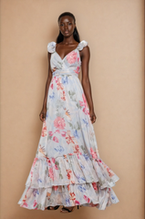 GG5104 Blue Lace-up Back Floral Maxi Dress