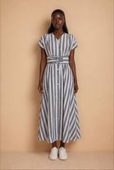 GG2108 Belt Detail Striped Midi