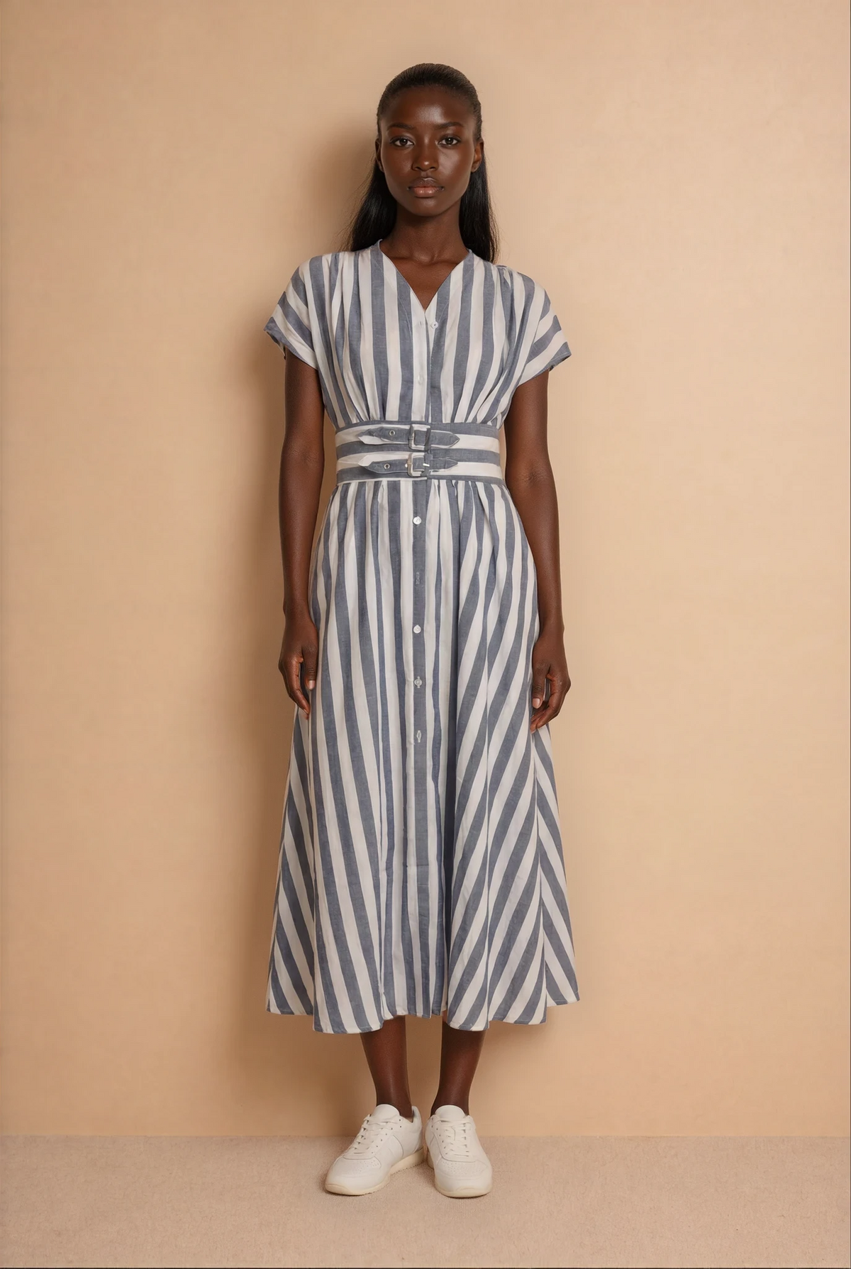 GG2108 Belt Detail Striped Midi