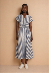 GG2108 Belt Detail Striped Midi