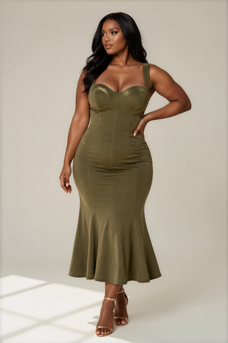H3109 Corset Mermaid Midi Dress