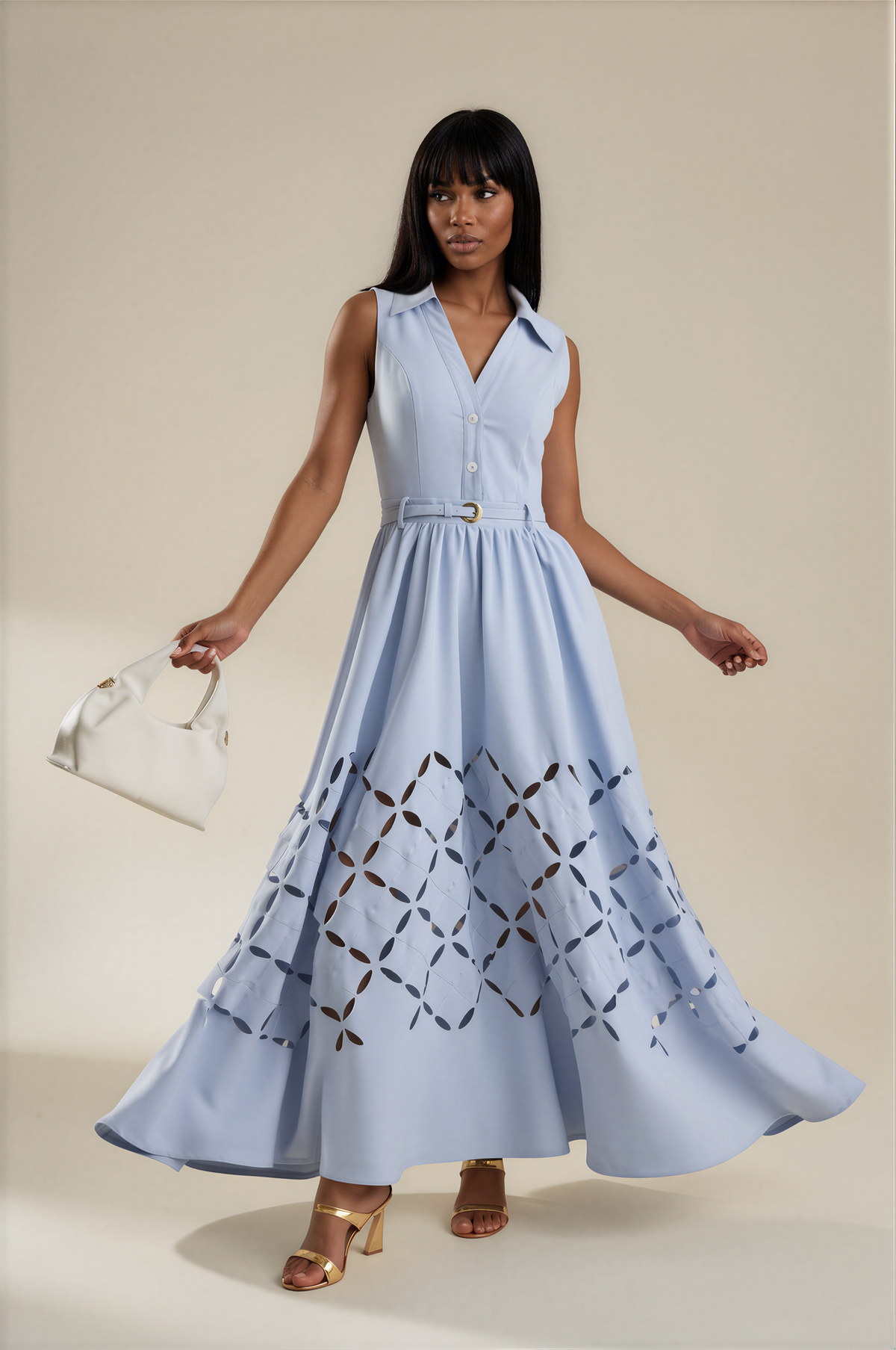 H3123 Blue Cutout Lattice Midi Shirt Dress