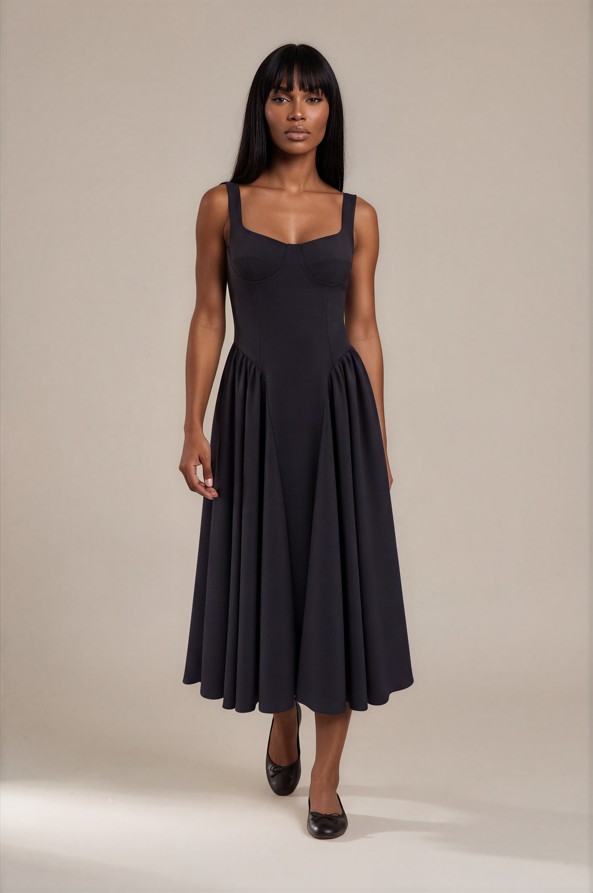 H3026 Black Corset Midi A-line Dress