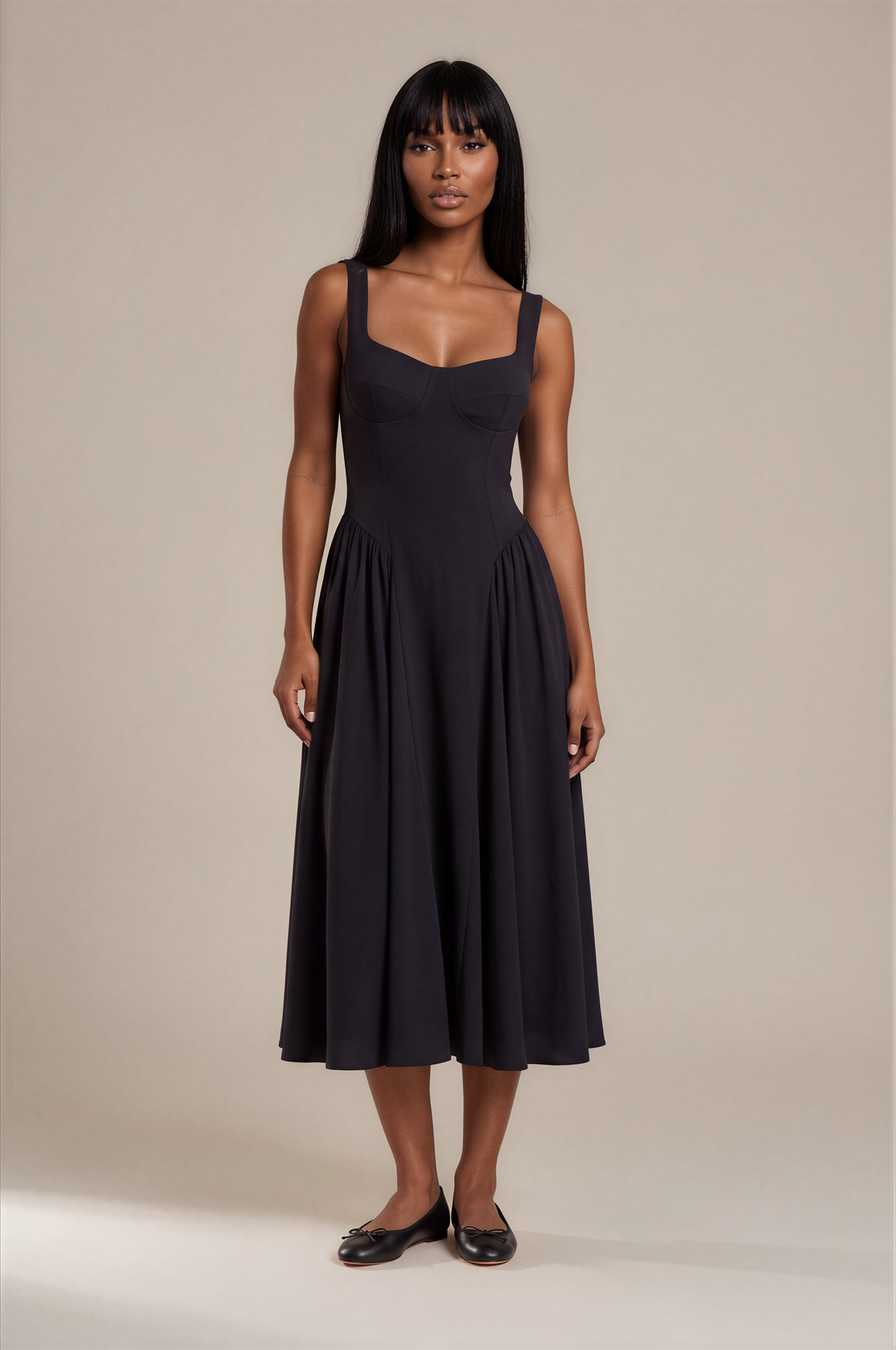 H3026 Black Corset Midi A-line Dress