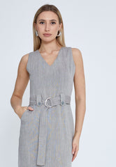 D8011 Grey Linen Office Dress - La Elegant