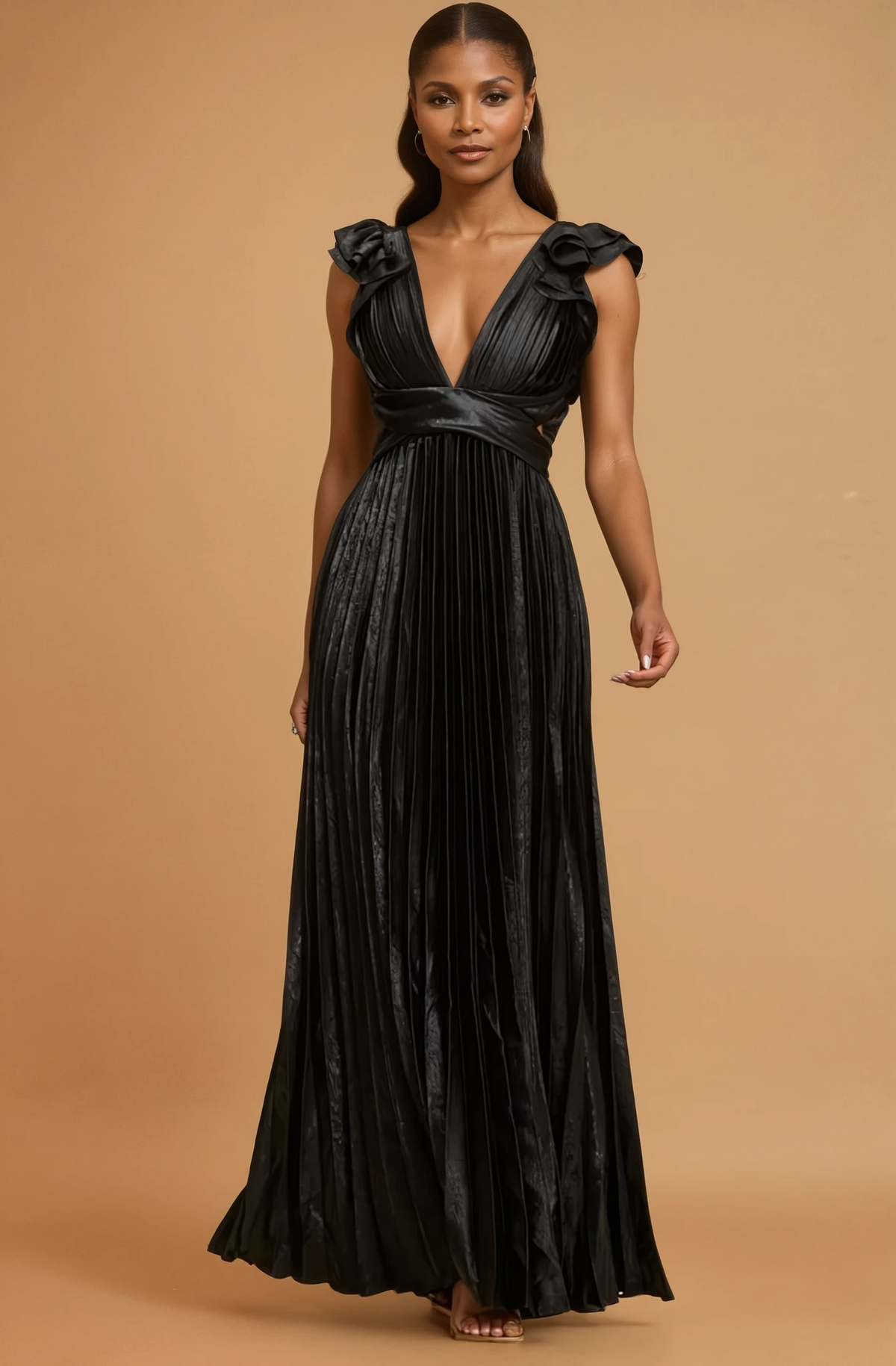 GG4108 Black Metallic Pleated Maxi Dress