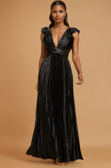GG4108 Black Metallic Pleated Maxi Dress