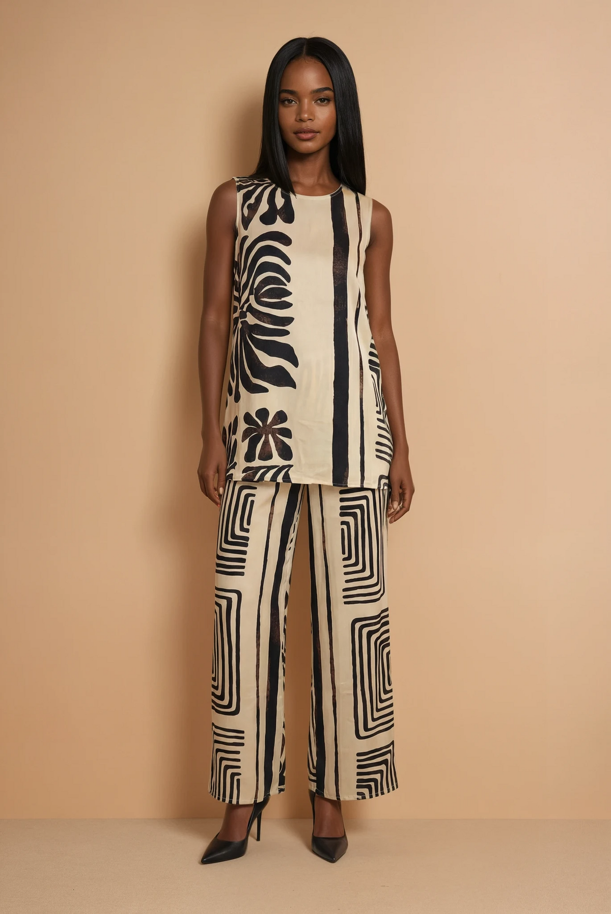 GG2087 Brown & Cream Print Halter Top