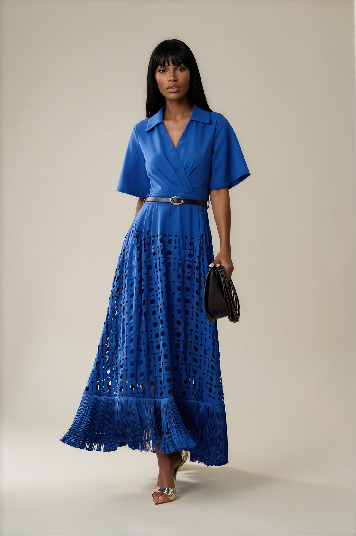 H3136 Blue Eyelet Cutout Wrap Fringe Hem