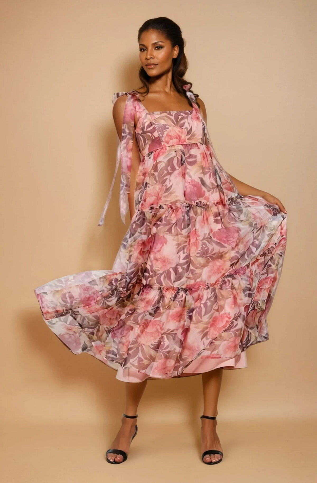 GG5102 Organza Floral Printed Tiered Midi Dress