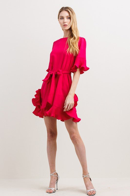 DD7072 Fuschia Pleats Detail Mini Dress
